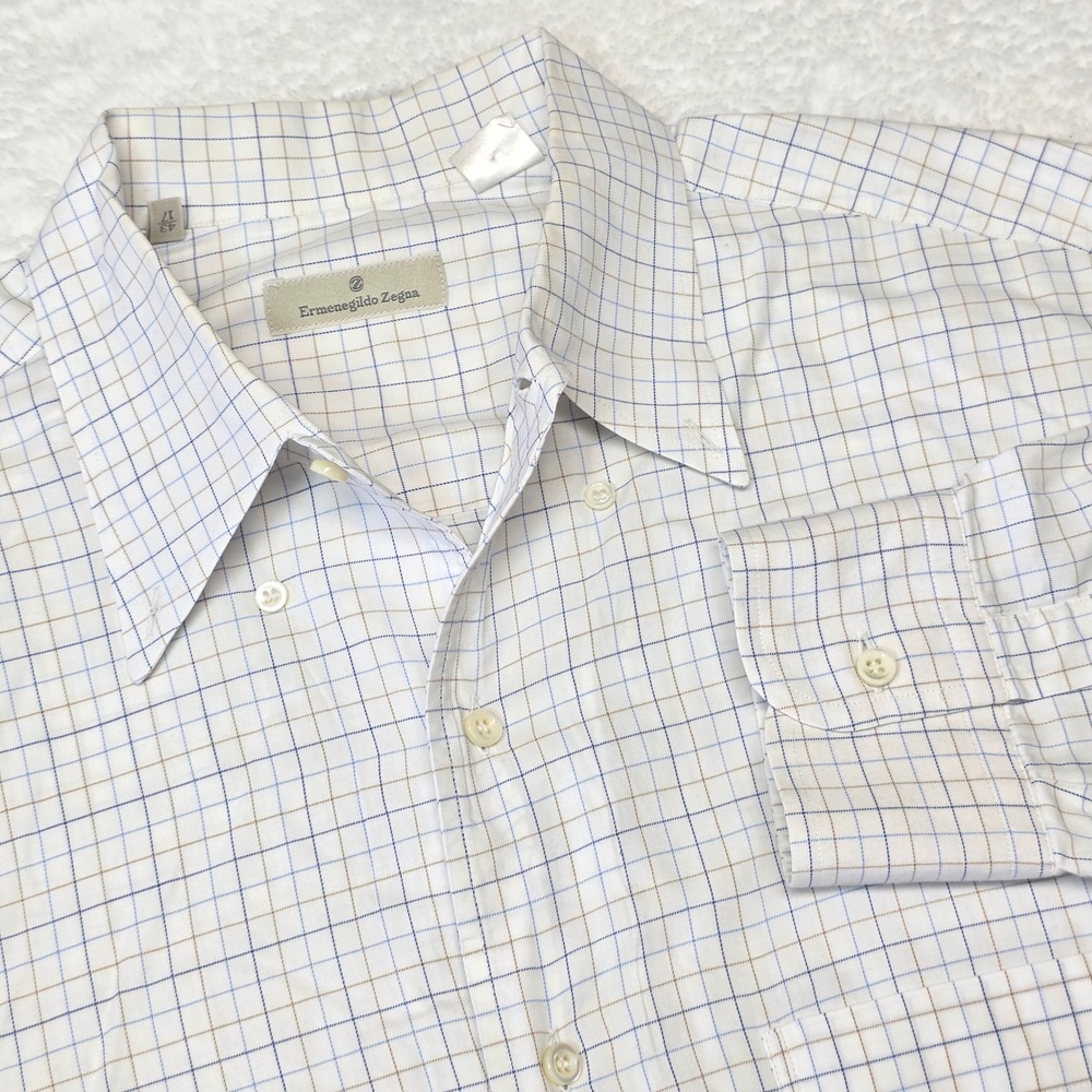 Ermenegildo Zegna Check Button Down Shirt White Blue Brown men sz 17 43‎